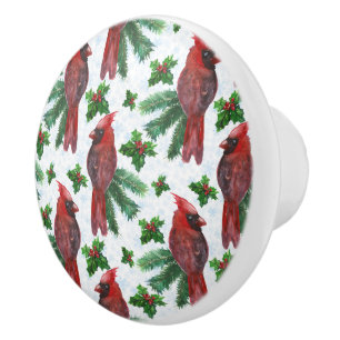 Bouton De Porte En Céramique aquarelle Oiseau cardinal rouge
