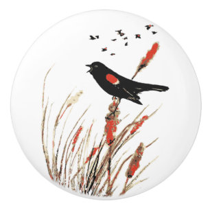 Bouton De Porte En Céramique Aquarelle Oiseau-noir à ailes rouges Art de la nat