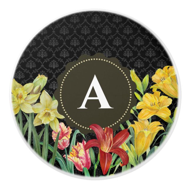 Bouton De Porte En Céramique Aquarelle Orange Jaune Fleurs de printemps Damask (Devant)