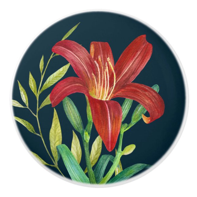 Bouton De Porte En Céramique Aquarelle Orange Lily Illustration Bleu foncé (Devant)