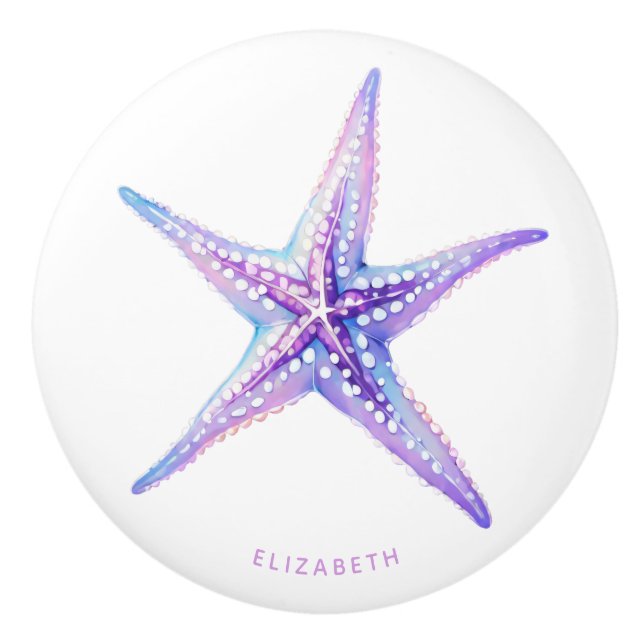 Bouton De Porte En Céramique Aquarelle Purple Blue Beach Starfish Côte (Devant)