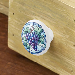 Bouton De Porte En Céramique Aquarelle Raisins Vitrail Bleu pourpre Vert