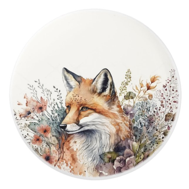 Bouton De Porte En Céramique Aquarelle Renard rouge en Fleur sauvage (Devant)