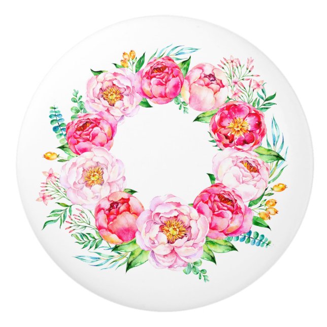 Bouton De Porte En Céramique Aquarelle romantique Roses Floral Wreath Circle 2 (Devant)