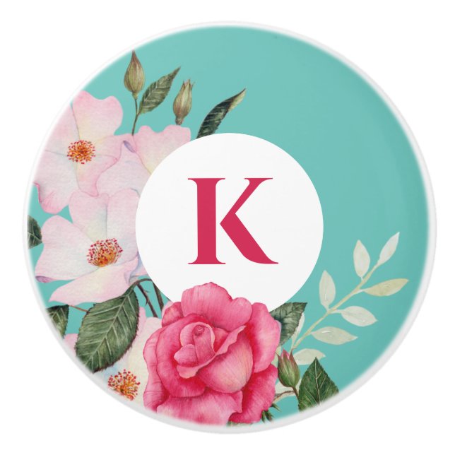 Bouton De Porte En Céramique Aquarelle rose et blanc Roses Cercle de couronne (Devant)
