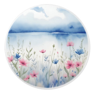 Bouton De Porte En Céramique Aquarelle rose et bleu Fleur sauvage Fleurs sauvag
