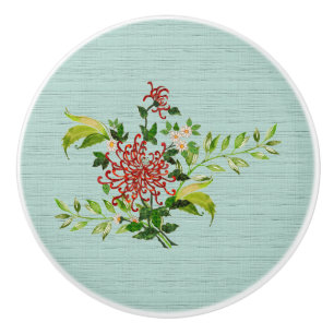 Bouton De Porte En Céramique Aquarelle Rouge Gerbera Daisy avec verdure