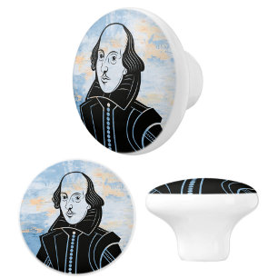 Bouton De Porte En Céramique Aquarelle Shakespeare Bleu Blanc Or