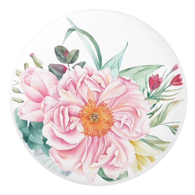 Bouton De Porte En Céramique Aquarelle traditionnelle pivoine florale en rose (Devant)