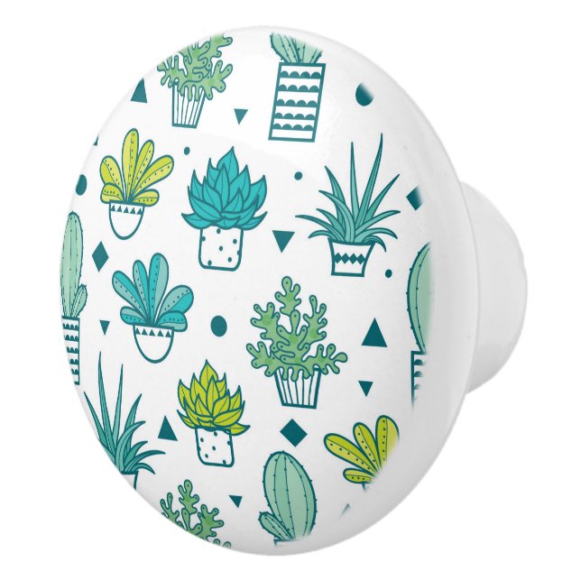 Bouton De Porte En Céramique Aquarelle verte et bleue Motif succulent (Droite)