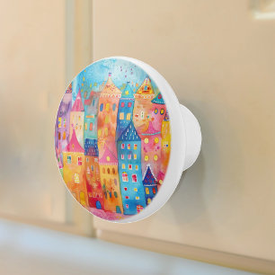 Bouton De Porte En Céramique Aquarelle Whimsical colorée paysage urbain