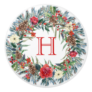 Bouton De Porte En Céramique Aquarelles colorées couronne de Noël