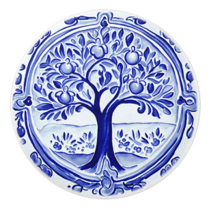 Bouton De Porte En Céramique Arbre à fruits bleu et blanc Art folklorique médit