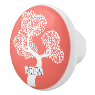 Bouton De Porte En Céramique Arbre circulaire Abstrait et nom sur corail vivant