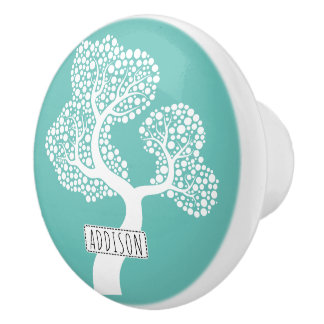 Bouton De Porte En Céramique Arbre de cercle Abstrait et nom sur turquoise lumi