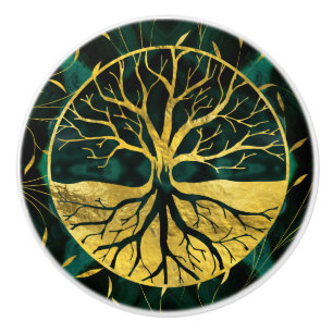 Bouton De Porte En Céramique Arbre de la vie d'or Yggdrasil sur la malachite