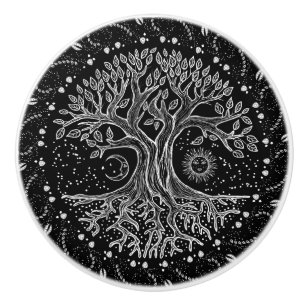 Bouton De Porte En Céramique Arbre de vie - noir et blanc