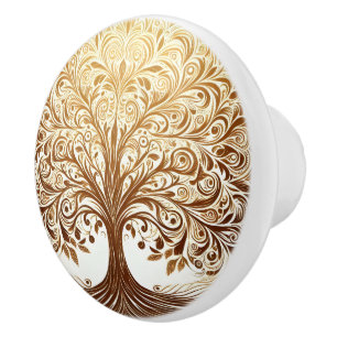 Bouton De Porte En Céramique Arbre de Vie Spirituel Zen en Or Élégant