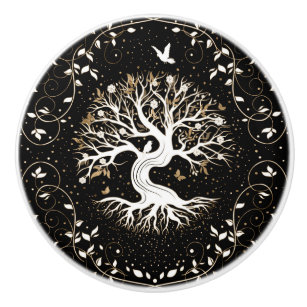Bouton De Porte En Céramique Arbre de vie - Yggdrasil - noir blanc et or