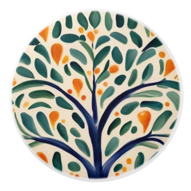 Bouton De Porte En Céramique Arbre méditerranéen Rustique Vert & Jaune Art popu (Devant)