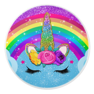 Bouton De Porte En Céramique Arc-en-ciel Pailleté Corne de Licorne Brillante po