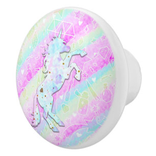 Bouton De Porte En Céramique Arc-en-ciel pastel Diamants et Étoiles Licorne Mag