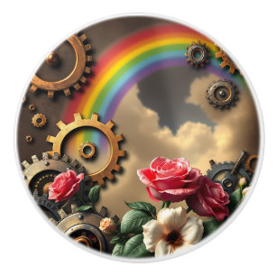 Bouton De Porte En Céramique Arc-en-ciel Steampunk, Roses et Engrenages Métalli