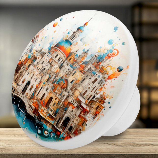 Bouton De Porte En Céramique Architecture Abstraite italienne (Ceramic Knob - Artsy Italian Architecture in Teal & Orange - Accent for Any Room)