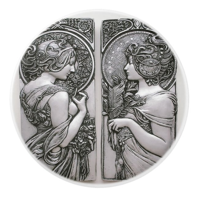 Bouton De Porte En Céramique Argent, Art nouveau, design, femelles, Mucha, beau (Devant)