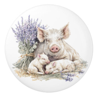Bouton De Porte En Céramique Armoire à cochons de ferme Famille Lavande Tiroir