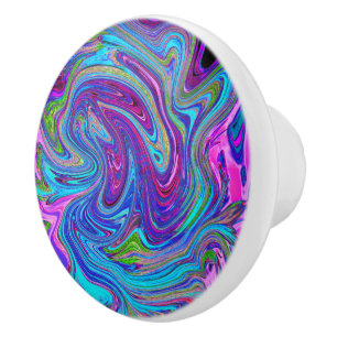 Bouton De Porte En Céramique Art Abstrait Rétro Groovy Bleu, Rose et Violet