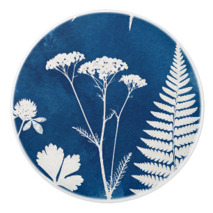 Bouton De Porte En Céramique Art botanique de fougère au cyanotype bleu indigo