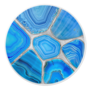 Bouton De Porte En Céramique art de fleur en mosaïque d'agate géode bleue