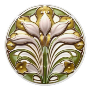 Bouton De Porte En Céramique Art Déco Abstrait Fleur Blanche Or