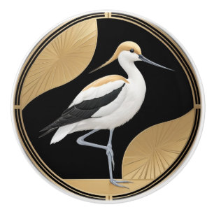 Bouton De Porte En Céramique Art Déco American Avocet Bird Black White Gold