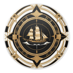 Bouton De Porte En Céramique Art Déco Antique Ship Noir Blanc Or Nautique