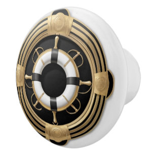 Bouton De Porte En Céramique Art Déco Bateau Life Preserver Bague Noir Blanc Or