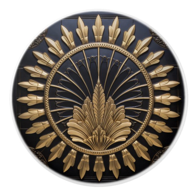 Bouton De Porte En Céramique Art Déco Cercle Noir Et Or Luxe (Devant)