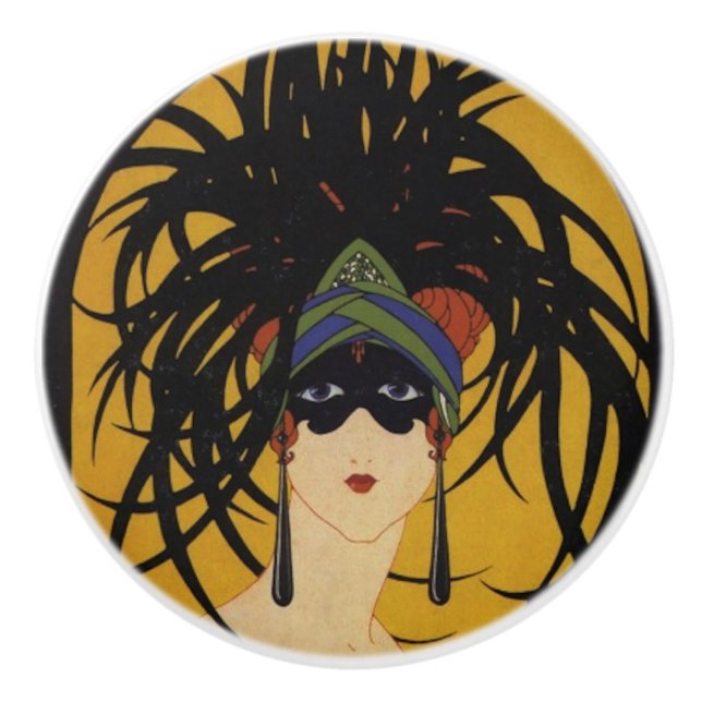 Bouton De Porte En Céramique Art Deco Festive Lady (Devant)