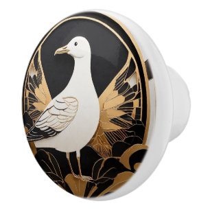 Bouton De Porte En Céramique Art Déco Oiseau de mer Noir Blanc Or Goéland de me
