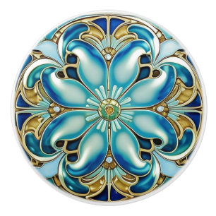 Bouton De Porte En Céramique Art Déco Or Bleu Aqua Géométrique