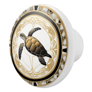 Bouton De Porte En Céramique Art Déco Sea Turtle Black White Gold Ocean Life