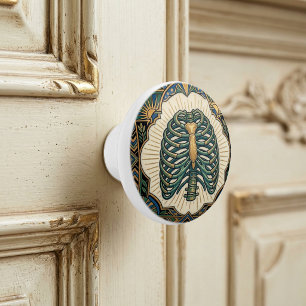 Bouton De Porte En Céramique Art Déco Squelette Anatomique à Côtes Vertes