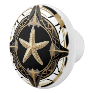 Bouton De Porte En Céramique Art Déco Starfish Sea Star Noir Blanc et Or