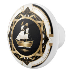 Bouton De Porte En Céramique Art Déco Vintage navire Noir Blanc Or Nautique