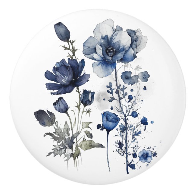 Bouton De Porte En Céramique Art Delft bleu et blanc avec fleur sauvage (Devant)
