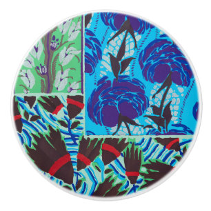 Bouton De Porte En Céramique Art floral bleu et vert maximaliste vibrant