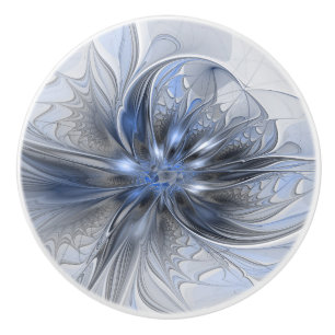 Bouton De Porte En Céramique Art floral fractal abstrait aquarelle gris bleu