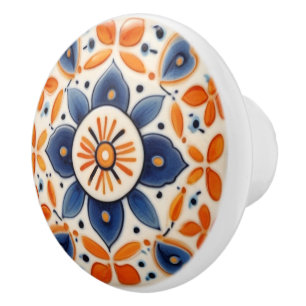 Bouton De Porte En Céramique Art folklorique Floral Orange & Fleur Bleue