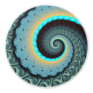 Bouton De Porte En Céramique Art fractal abstrait bleu turquoise orange en spir